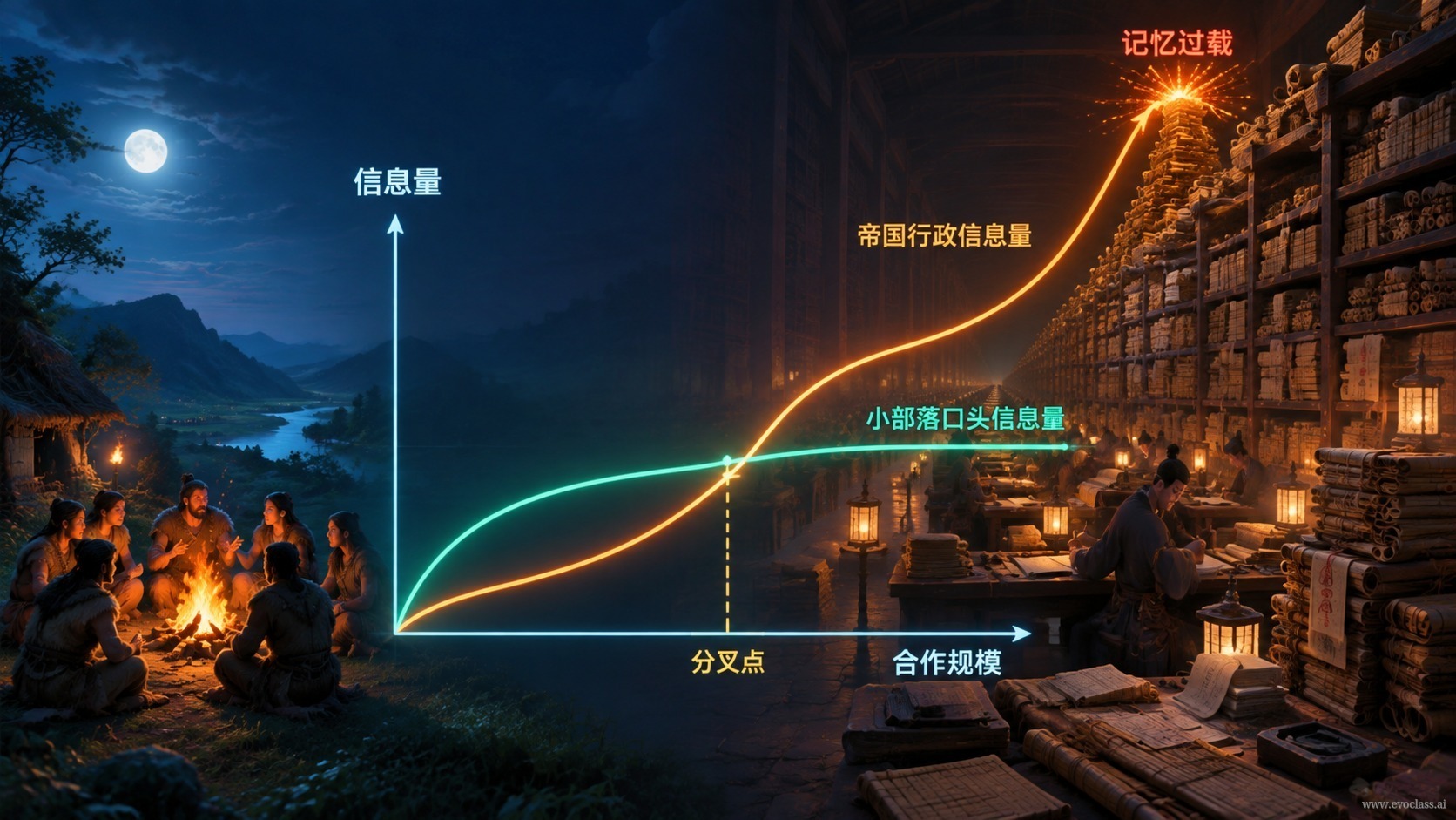 对比图:小部落口头信息量与帝国行政信息量的增长曲线